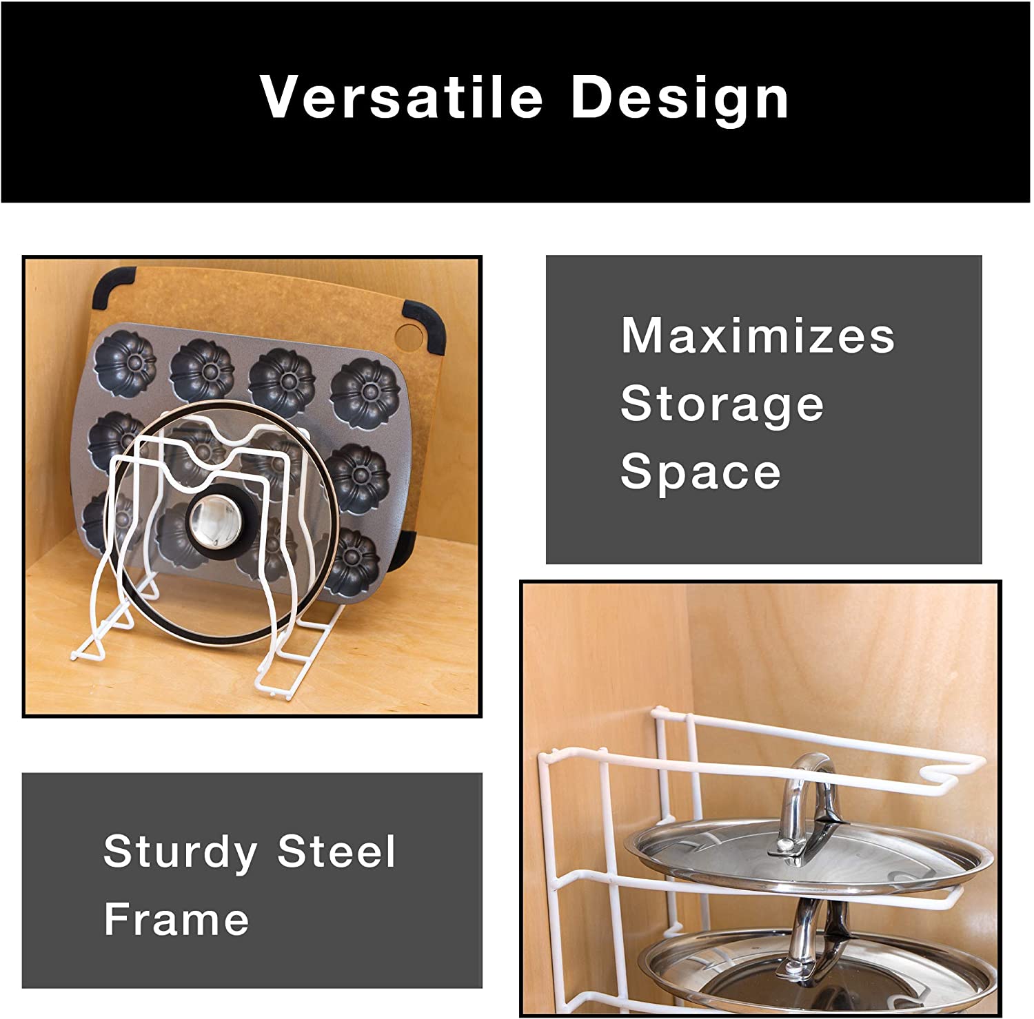 Bakeware and Lid Storage Rack with 4-Compartment Dividers