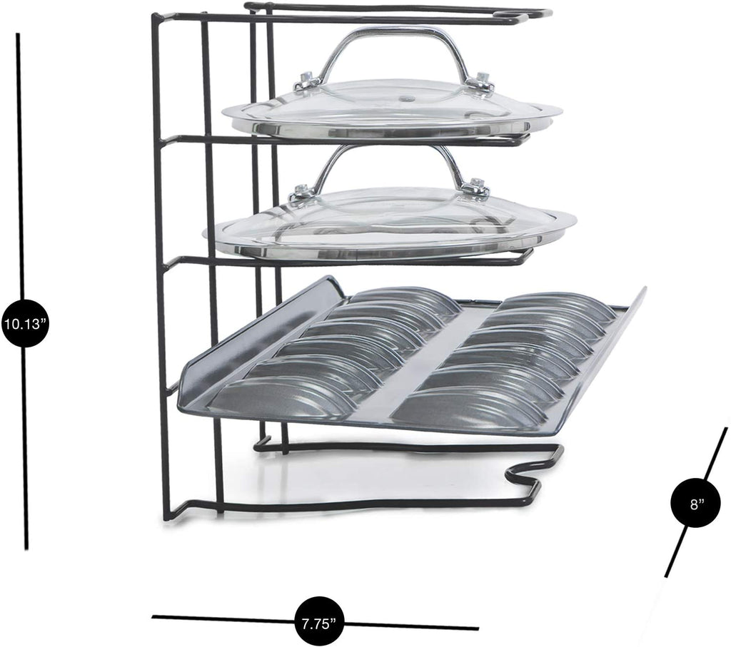 Bakeware and Lid Storage Rack with 4-Compartment Dividers