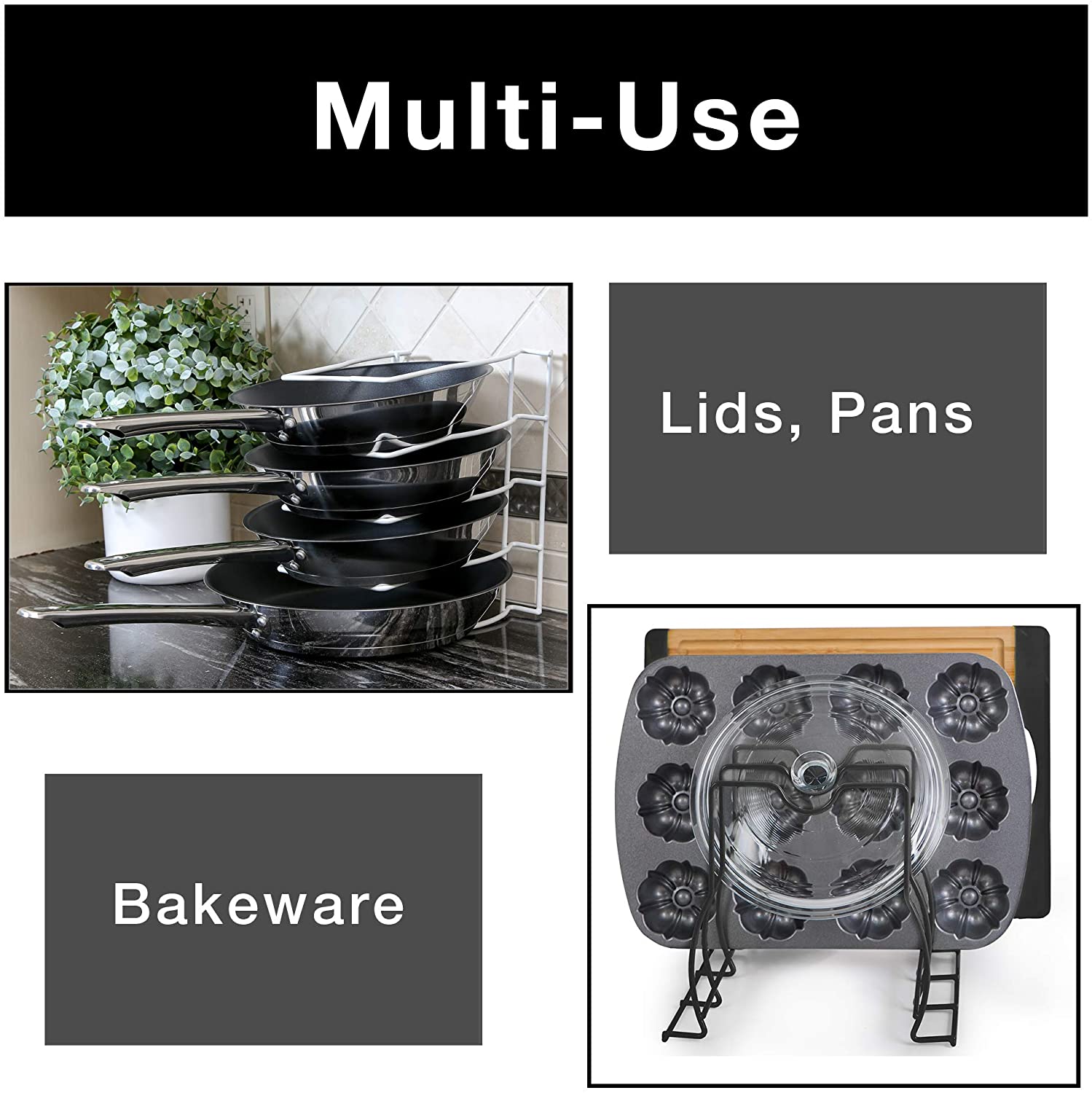 Bakeware and Lid Storage Rack with 4-Compartment Dividers