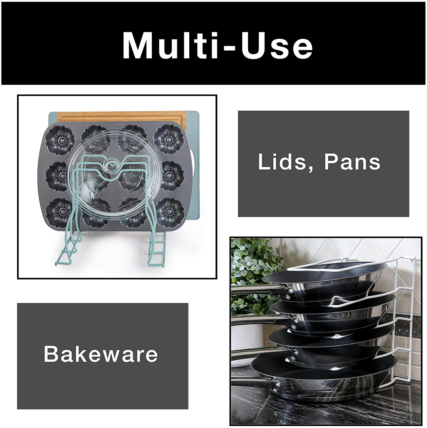 Bakeware and Lid Storage Rack with 4-Compartment Dividers