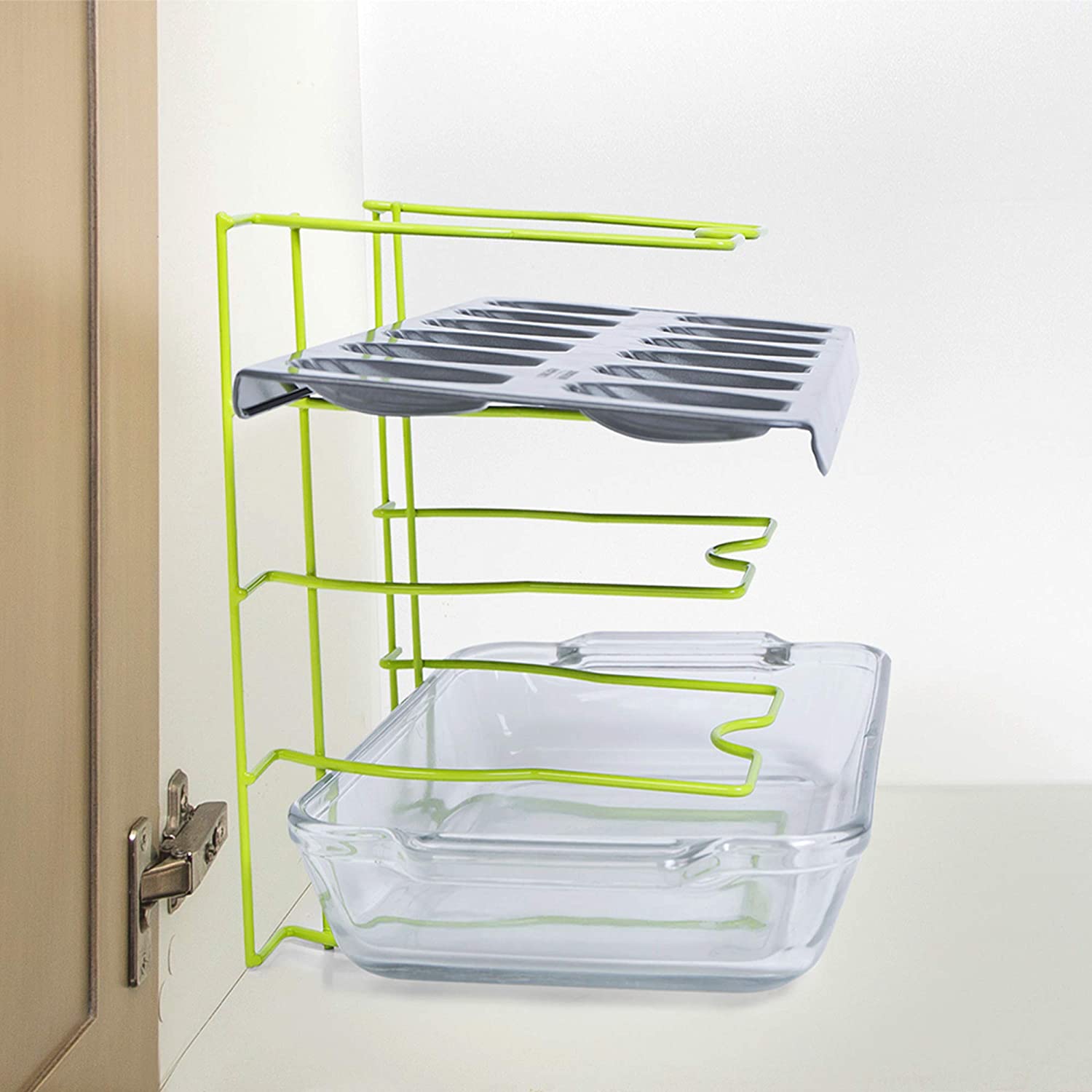 Bakeware and Lid Storage Rack with 4-Compartment Dividers
