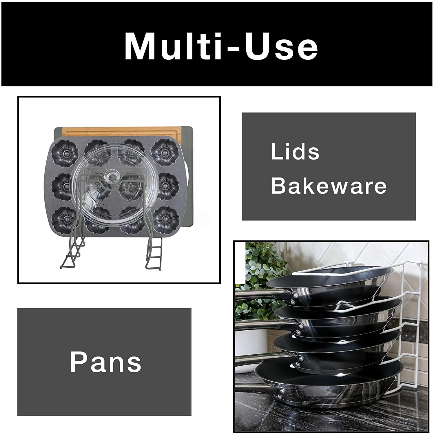 Bakeware and Lid Storage Rack with 4-Compartment Dividers