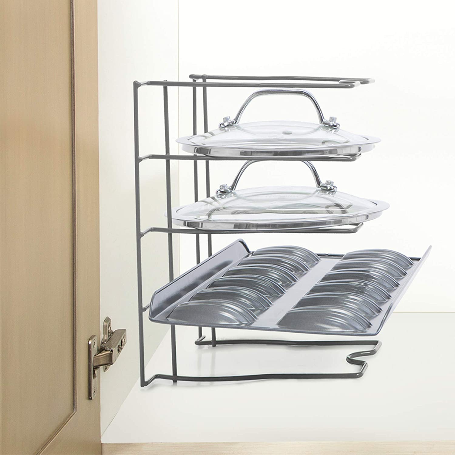 Bakeware and Lid Storage Rack with 4-Compartment Dividers